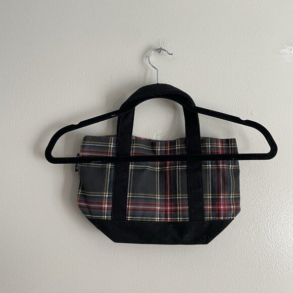 J.Crew Factory Black Tartan Plaid Preppy Holiday Mini Structured Canvas Tote Bag - Picture 7 of 12